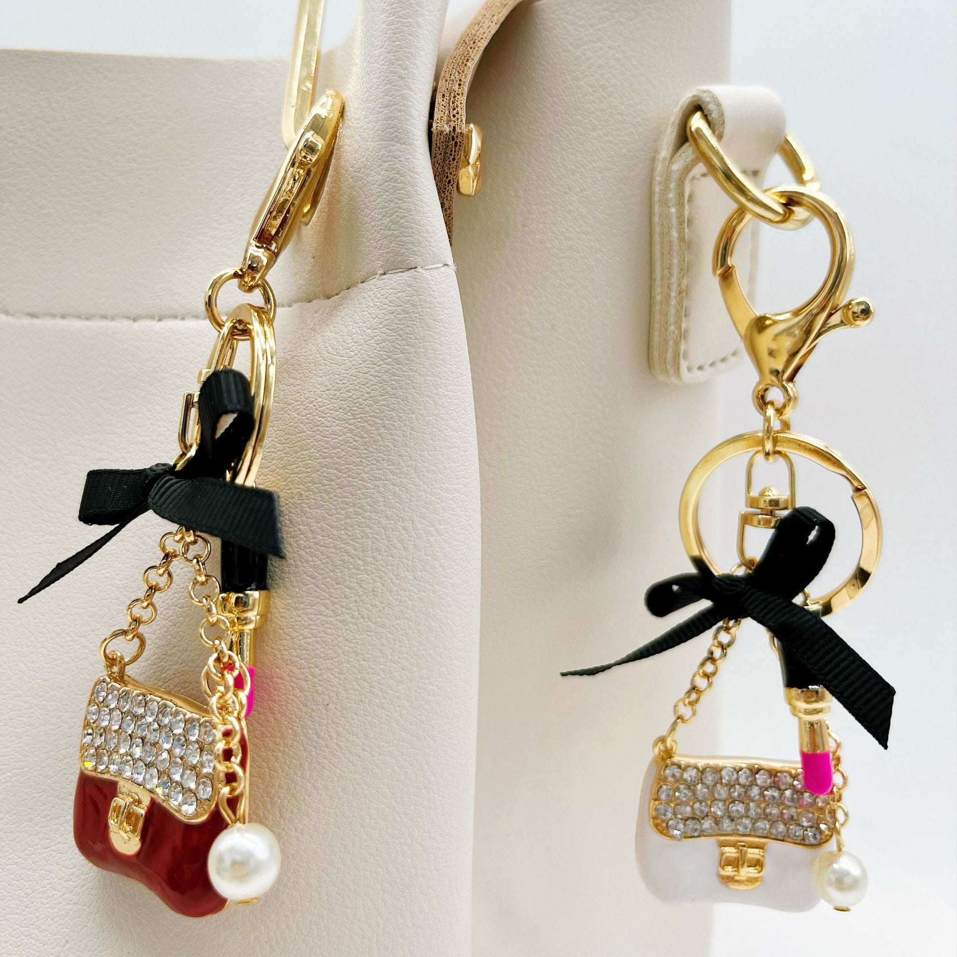 Wholesale Rhinestone Lipstick Bow Small Shoulder Bag Alloy Keychain